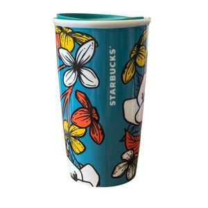 Starbucks Blue Poppy Flower Floral Ceramic Traveler Tumbler Coffee Mug 12 oz